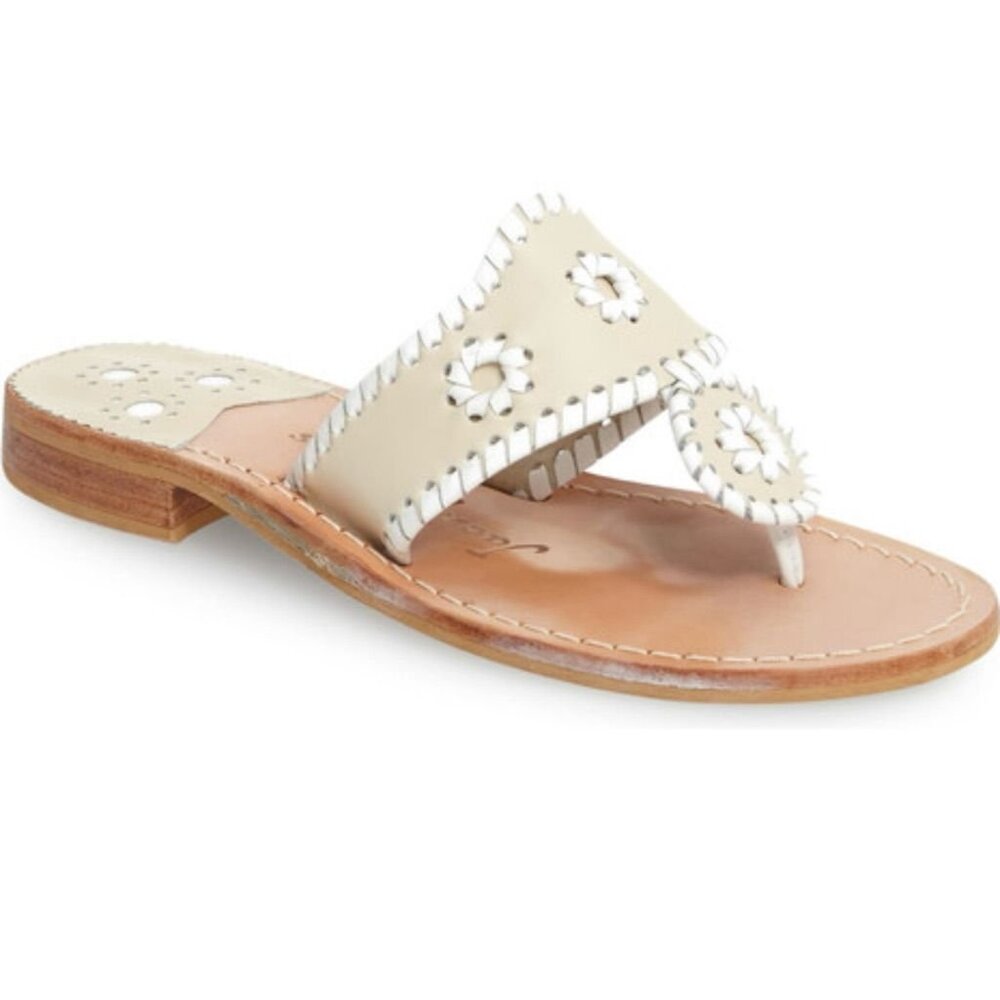 Beige Leather JACK ROGERS Signature Whipstitch Thong Sandals 8